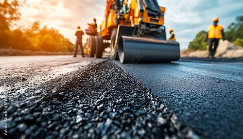 Road construction, asphalt paving, workers, machine, daylight