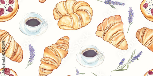 Watercolor breakfast seamless pattern. Food repeat background for kitchen, design, textile, packaging, fabric, wallpaper, packaging, branding, stationery, wrapping paper, interior decor