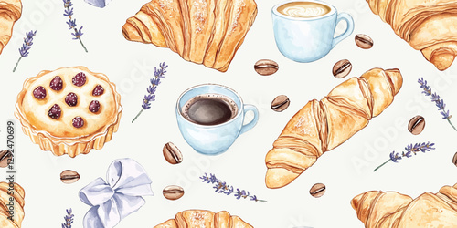 Watercolor breakfast seamless pattern. Food repeat background for kitchen, design, textile, packaging, fabric, wallpaper, packaging, branding, stationery, wrapping paper, interior decor