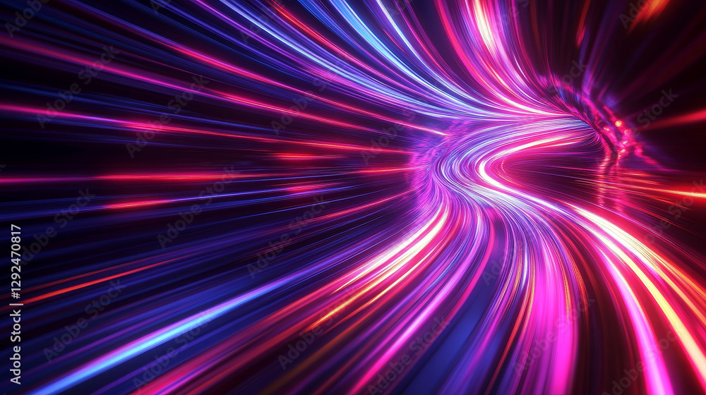 Obraz premium Fast light motion speed effect. Vector realistic illustration of abstract neon red, purple rays, circular centric motion on black background, space travel route perspective, explosion energy warp
