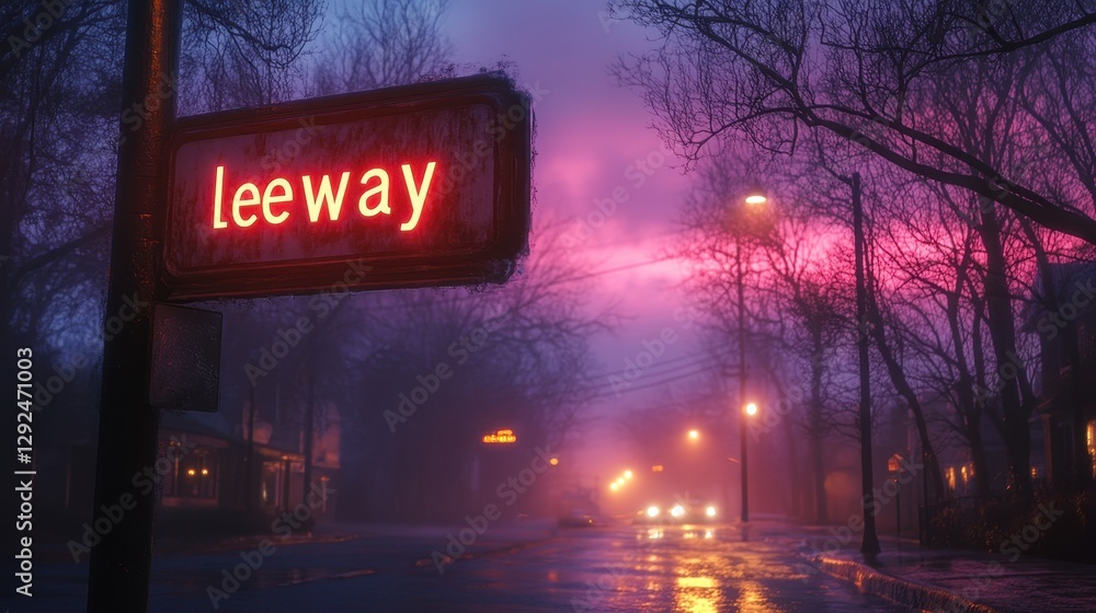Fototapeta premium Urban Street Scene Depicting a Misty Evening with Illuminated Leeway Sign and Bare Tree Branches under a Vibrant Purple and Pink Dramatic Sky