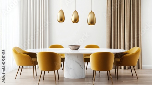 Vibrant dining space, mustard yellow velvet chairs with rounded silhouettes, oval white marble dining table with sculptural brass legs, handcrafted ceramic