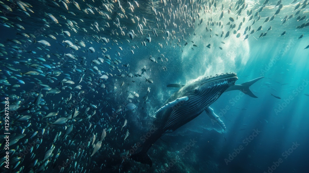 Fototapeta premium Majestic Whale Encounter: A breathtaking underwater spectacle of a humpback whale interacting with a massive school of fish, creating a scene of wonder and awe in the deep ocean.