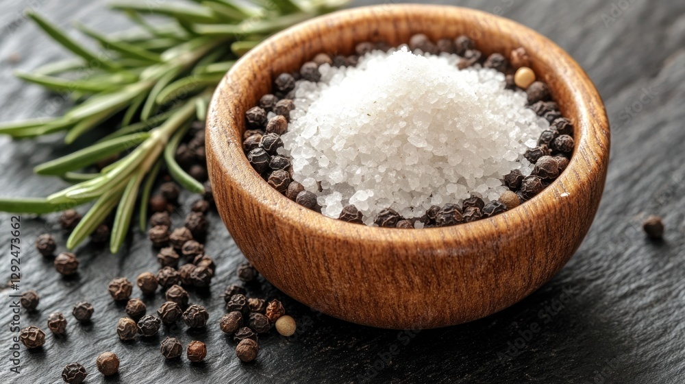 Wooden bowl of salt and pepper with rosemary on dark surface Wooden bowl of salt and pepper with rosemary on dark surface