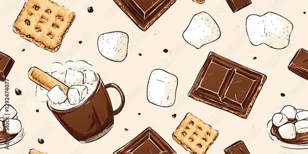 S'mores seamless pattern. Sweet treat repeat background for summer, party, for kitchen, design, textile, packaging, fabric, wallpaper, packaging, branding, stationery, wrapping paper, interior decor S'mores seamless pattern. Sweet treat repeat background for summer, party, for kitchen, design, textile, packaging, fabric, wallpaper, packaging, branding, stationery, wrapping paper, interior decor