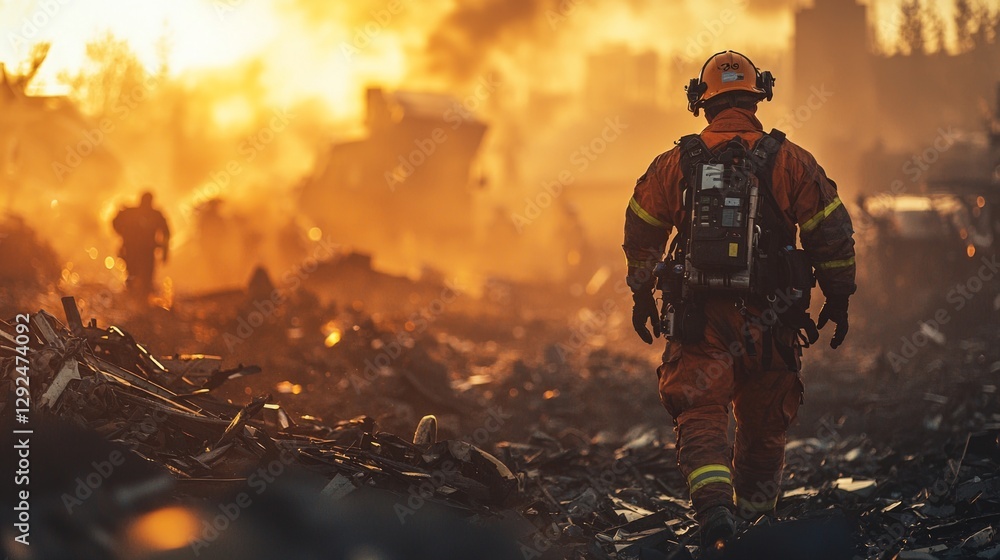Fototapeta premium Firefighter in Orange Suit Amidst Daring Flames