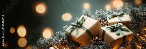 Wallpaper Mural Christmas Gift Boxes Decorated with Pine Branches and Green Ribbons for Holiday Celebration Torontodigital.ca