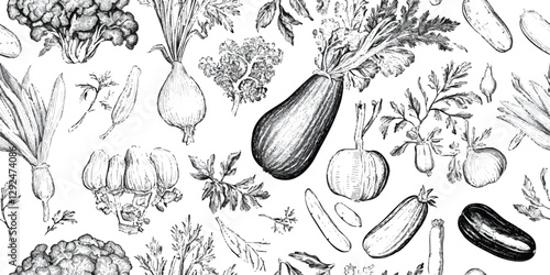 Hand-drawn vegetable seamless pattern. Retro food repeat background for kitchen, design, textile, packaging, fabric, wallpaper, packaging, branding, stationery, wrapping paper, interior decor
