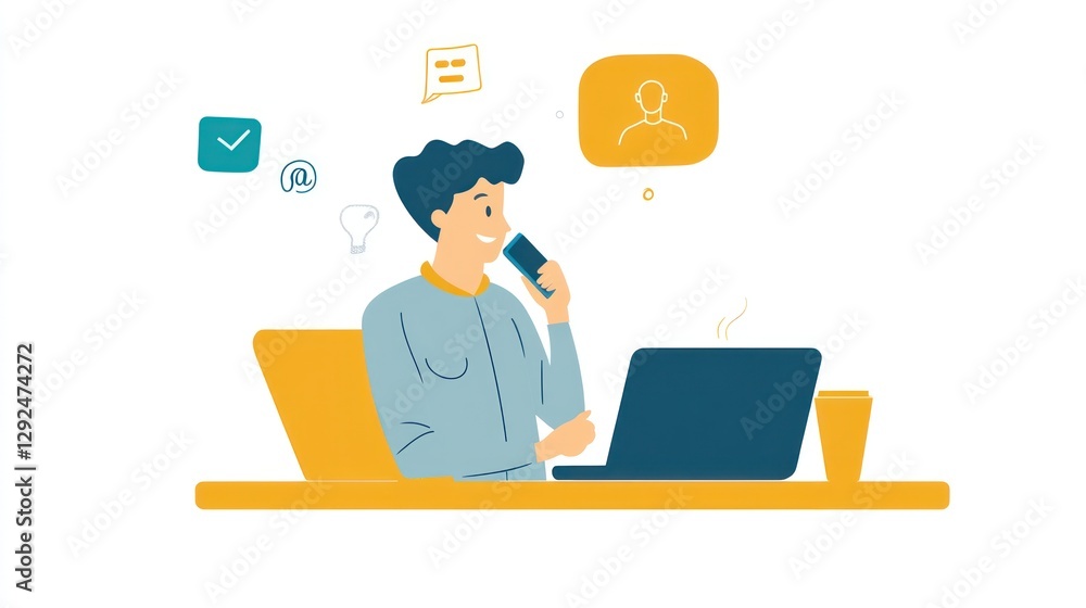 Businessman Talking on Phone at Desk with Laptop and Coffee Businessman Talking on Phone at Desk with Laptop and Coffee