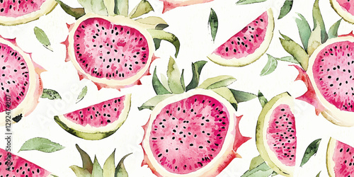 Watercolor dragon fruit seamless pattern. Exotic pitaya repeat background for summer, kitchen, design, textile, packaging, fabric, wallpaper, packaging, branding, stationery, wrapping paper, interior