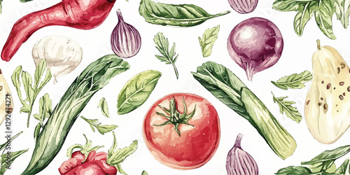 Watercolor vegetable seamless pattern. Elegant food repeat background for kitchen, restaurant, design, packaging, fabric, wallpaper, packaging, branding, stationery, wrapping paper, interior