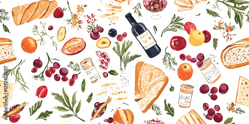 Seamless watercolor vector pattern with gourmet food bread, cheese, wine, herbs, fruits, olives. Elegant hand painted culinary background for packaging, branding, fabric, wrapping paper, kitchen decor
