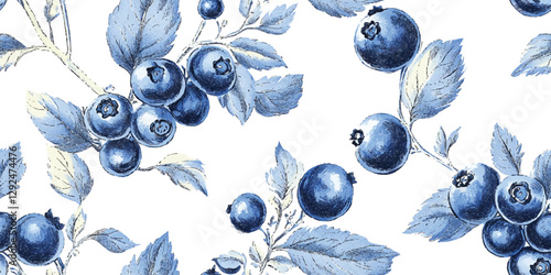 Watercolor blueberry seamless pattern. Elegant berry repeat background for summer, kitchen, restaurant, menu design, packaging, fabric, wallpaper, branding, stationery, wrapping paper, interior