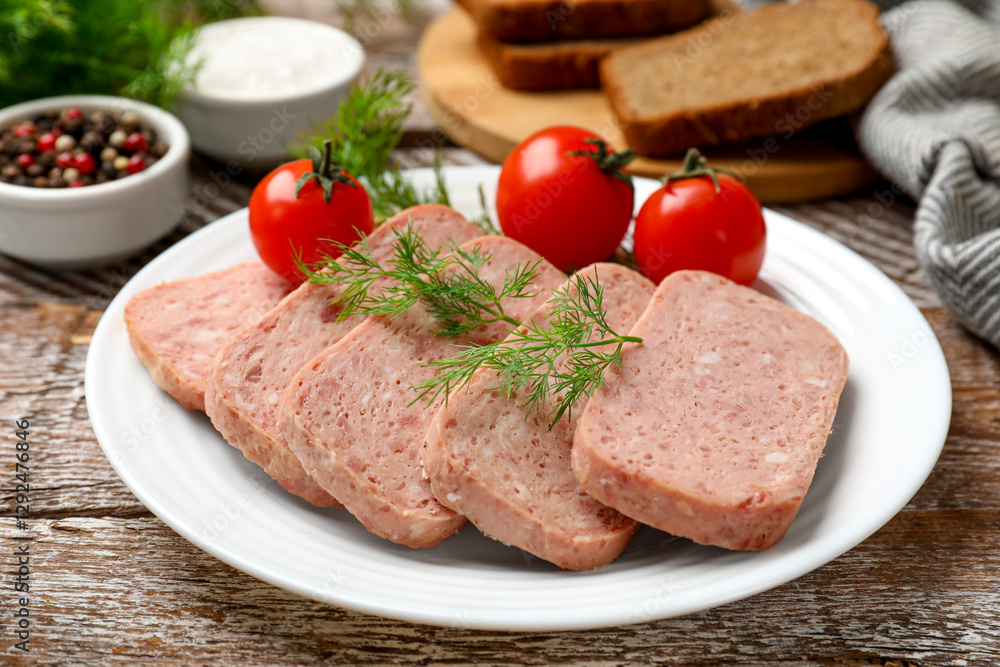 Tasty canned meat, tomatoes and dill on wooden table, closeup Tasty canned meat, tomatoes and dill on wooden table, closeup