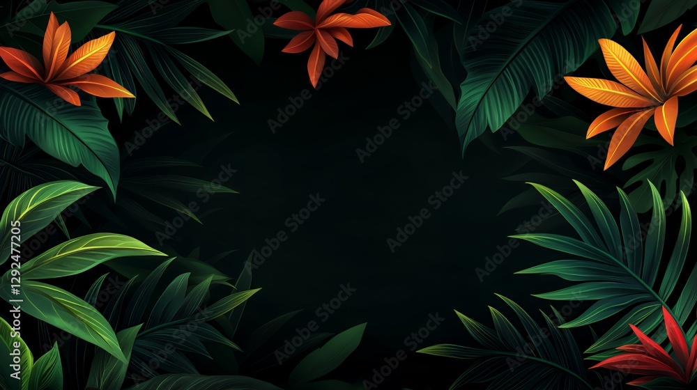 Lush Tropical Leaves Frame Dark Background