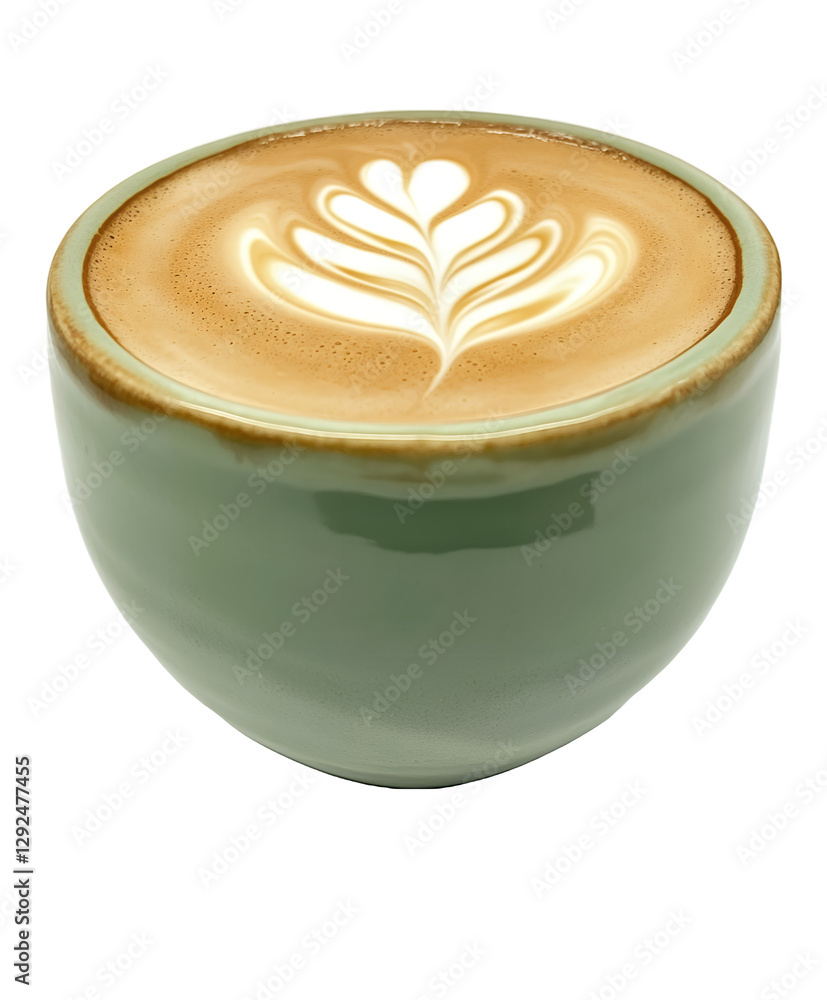 緑色のカップに注がれたラテアートのカフェラテのクローズアップ | Close-up of Café Latte with Latte Art in Green Cup 緑色のカップに注がれたラテアートのカフェラテのクローズアップ | Close-up of Café Latte with Latte Art in Green Cup