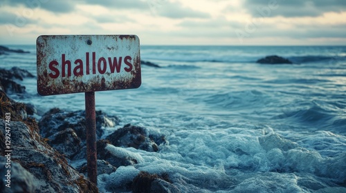Aged and weathered metal sign with the word "shallows" marking a coastal shoreline, amidst natural rocks and foamy ocean waves, under a cloudy sky at dusk.
