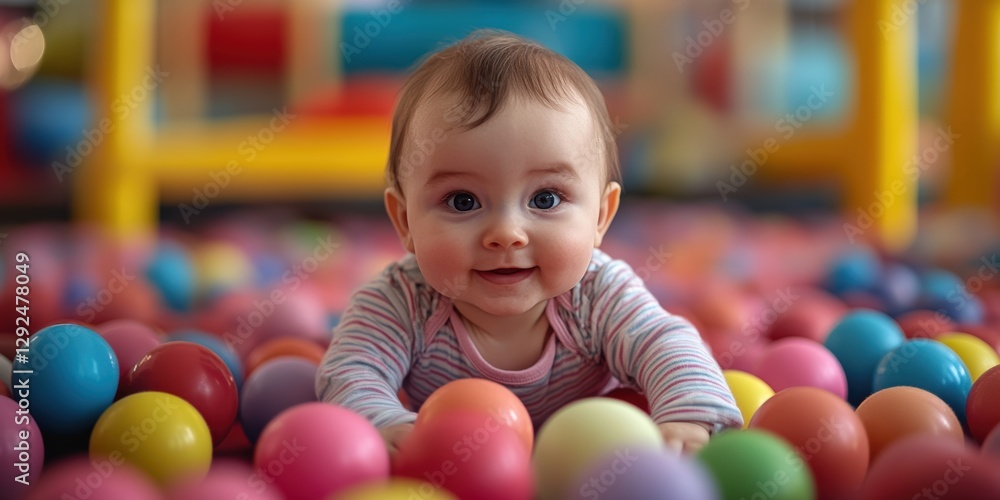 Obraz premium Adorable Baby Playing and Enjoying Colorful Ball Pit Experience with Joyful Expressions in a Playful and Fun-Filled Environment for Happy Childhood Moments