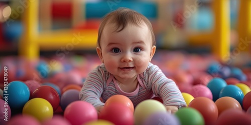 Adorable Baby Playing and Enjoying Colorful Ball Pit Experience with Joyful Expressions in a Playful and Fun-Filled Environment for Happy Childhood Moments