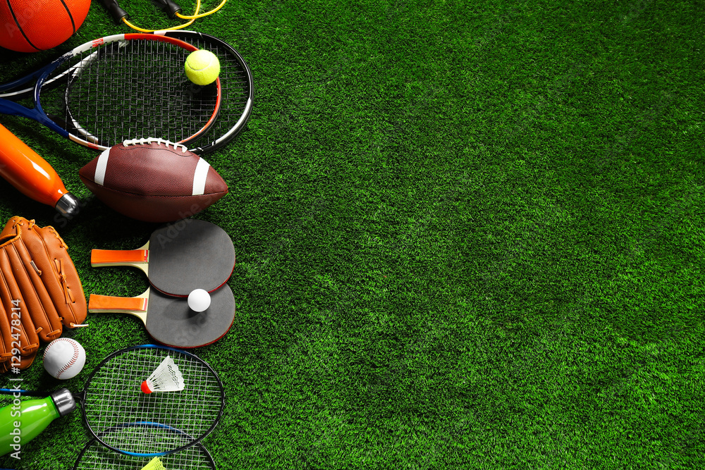Fototapeta premium Different sports equipment on artificial grass, flat lay. Space for text