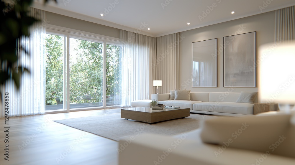 Fototapeta premium Modern living room, sunlight, patio view, calm interior design, home decor