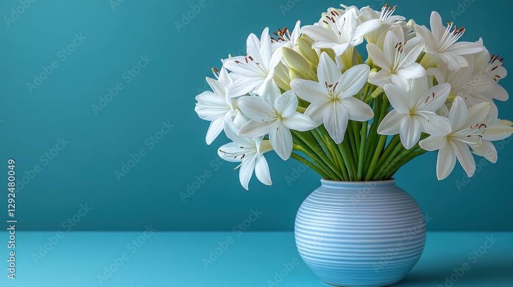 White lilies vase teal background studio shot White lilies vase teal background studio shot