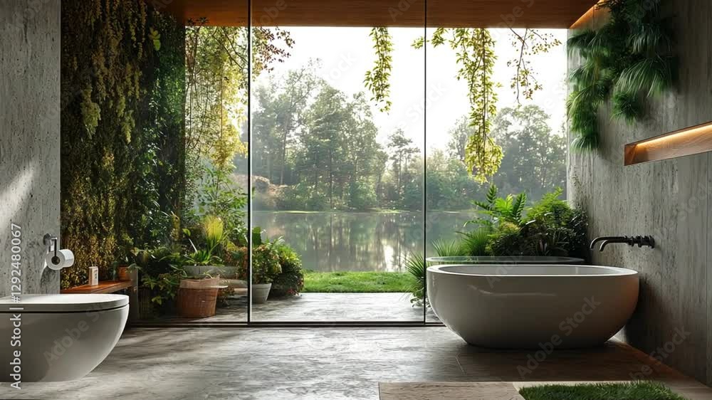 Elegant Bathroom with Floor-to-Ceiling Autumn Views Elegant Bathroom with Floor-to-Ceiling Autumn Views