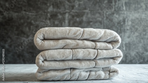 Neatly folded beige blankets on table, grey wall background, home textile product shot