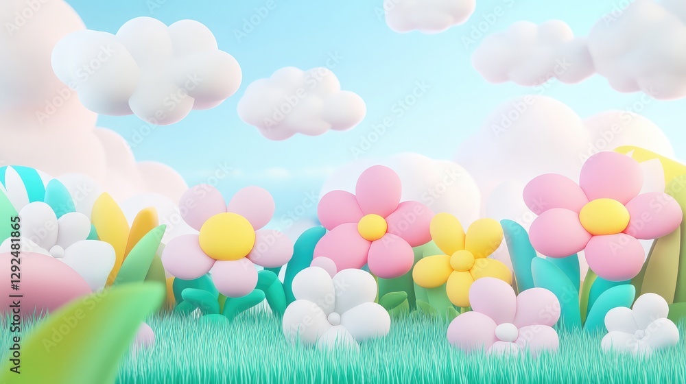 3D Cartoon Game Scene with Three Floating Candy Flowers Against a Bright Blue Sky and Green Grass Background 3D Cartoon Game Scene with Three Floating Candy Flowers Against a Bright Blue Sky and Green Grass Background