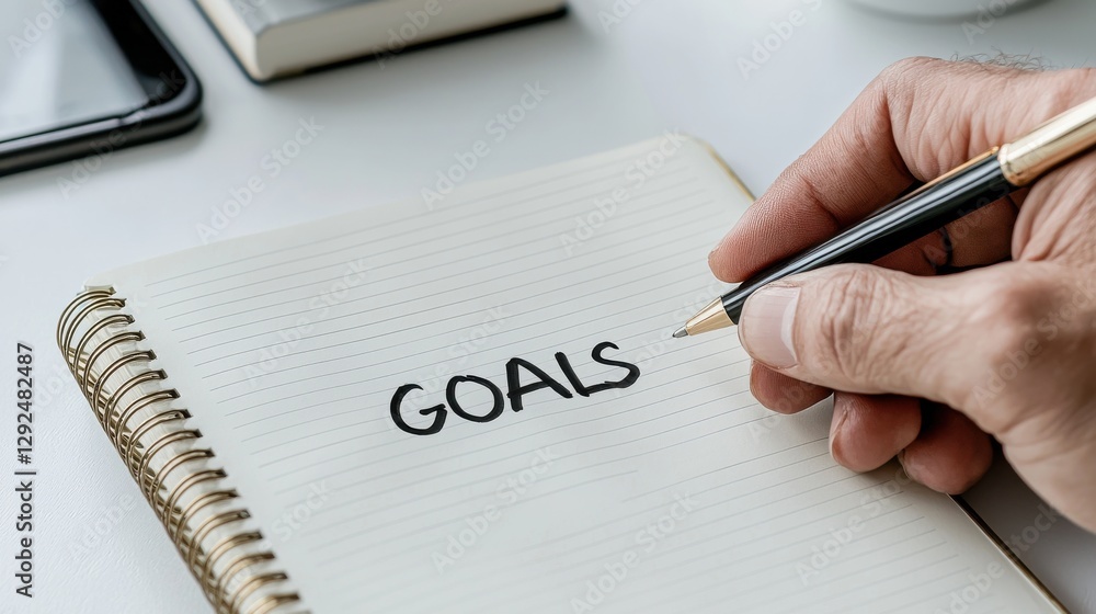 A hand writing goals in a notebook, symbolizing planning and ambition. A hand writing goals in a notebook, symbolizing planning and ambition.