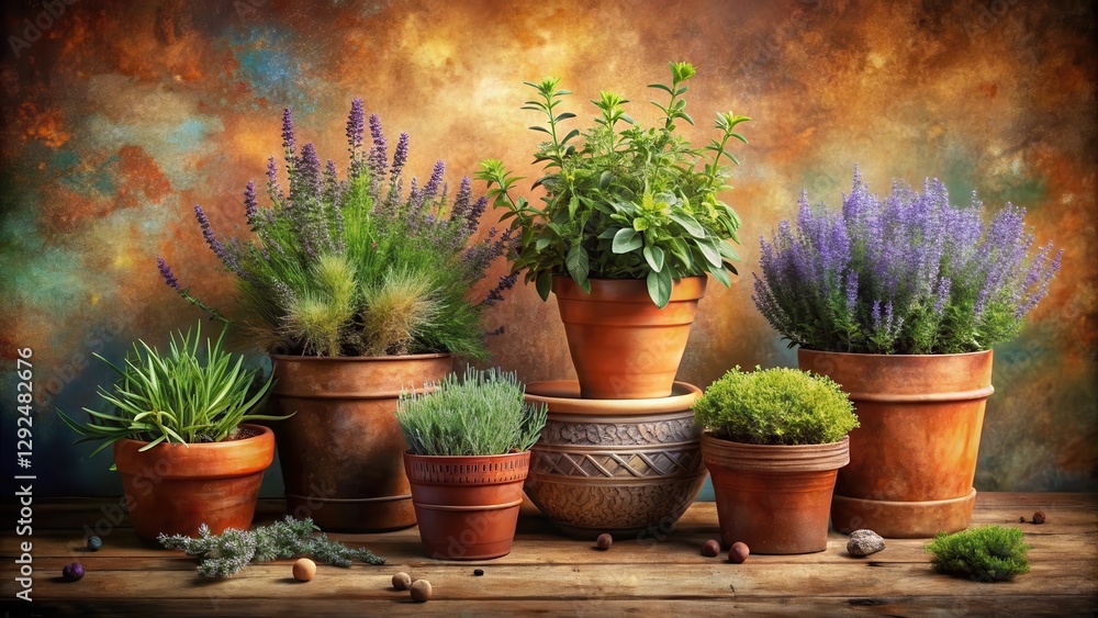 Fototapeta premium A rustic arrangement of potted herbs and flowers, showcasing a variety of textures and colors against a textured background