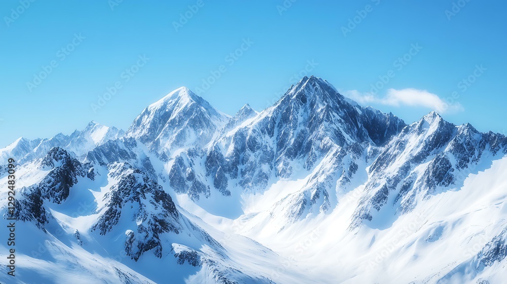 Snow-covered mountain peaks under a clear blue sky, with sharp, high-resolution details of icy textures Snow-covered mountain peaks under a clear blue sky, with sharp, high-resolution details of icy textures