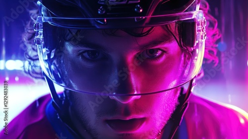 Intense hockey player portrait, neon lights, arena background, sports promo