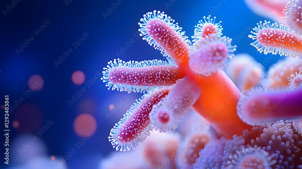 Close-up of Vibrant Pink and Orange Coral Polyp in Blue Ocean Water Close-up of Vibrant Pink and Orange Coral Polyp in Blue Ocean Water