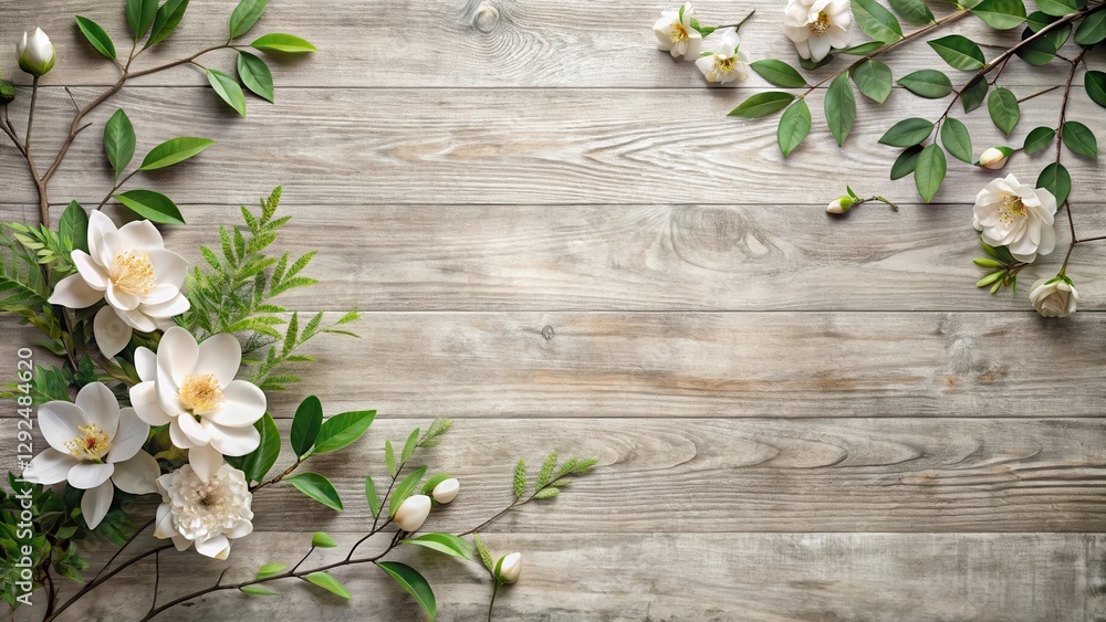 Elegant White Blossoms and Greenery Arranged on Rustic Wood Background Elegant White Blossoms and Greenery Arranged on Rustic Wood Background