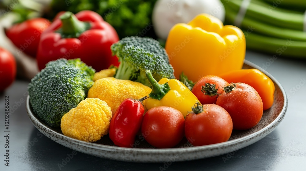 Colorful fresh vegetables on a plate, symbolizing heart health and wellness. Colorful fresh vegetables on a plate, symbolizing heart health and wellness.