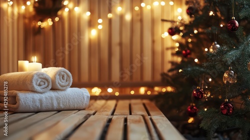 Festive sauna relaxation towels, candles, Christmas tree