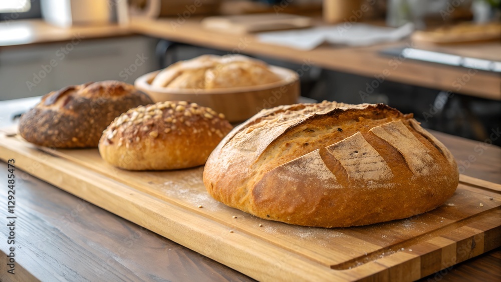 Artisan Bread Display: Close-up of a selection of artisan bread loaves on a wooden cutting board in a warm, inviting kitchen setting. Artisan Bread Display: Close-up of a selection of artisan bread loaves on a wooden cutting board in a warm, inviting kitchen setting.