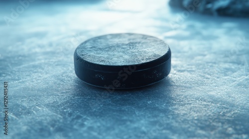 Frozen hockey puck on ice rink, game action blurred background, sport advertisement