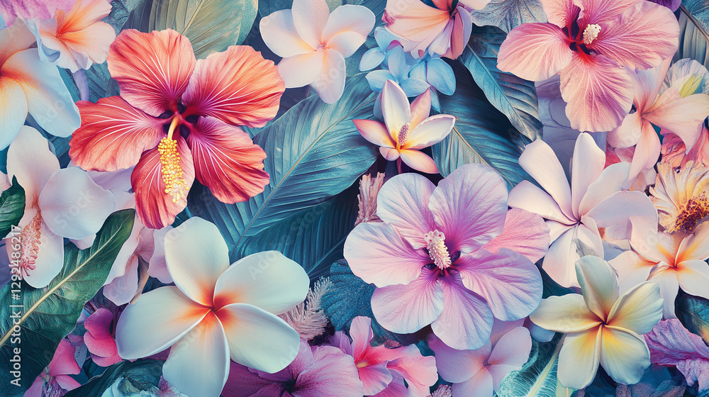 A vibrant tropical floral pattern with bold blooms like plumeria, hibiscus, and birds of paradise on a soft pastel backdrop, ideal for wellness and travel branding. A vibrant tropical floral pattern with bold blooms like plumeria, hibiscus, and birds of paradise on a soft pastel backdrop, ideal for wellness and travel branding.