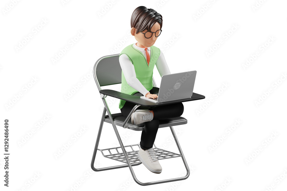School uniform male using a laptop 3D Character Illustration. School uniform male using a laptop 3D Character Illustration.