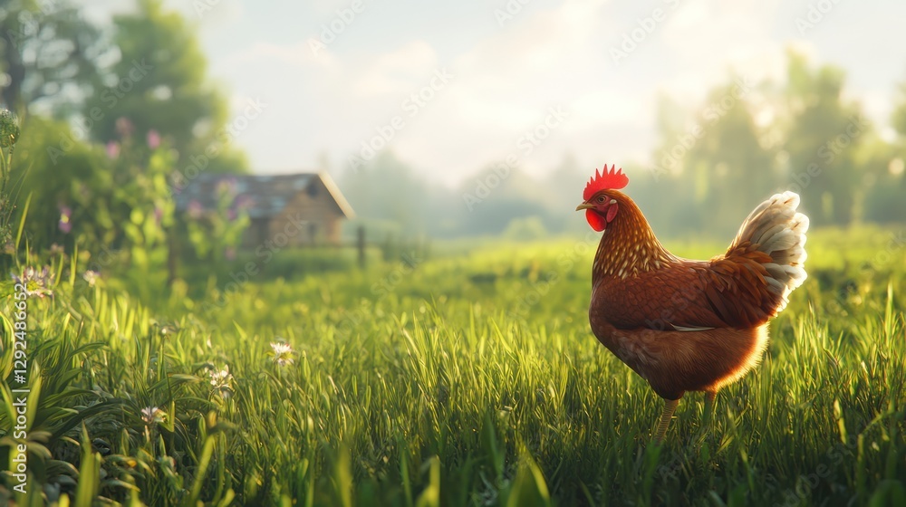 Fototapeta premium Hen foraging sunrise pasture farm rural idyllic