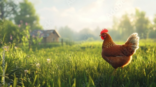 Hen foraging sunrise pasture farm rural idyllic