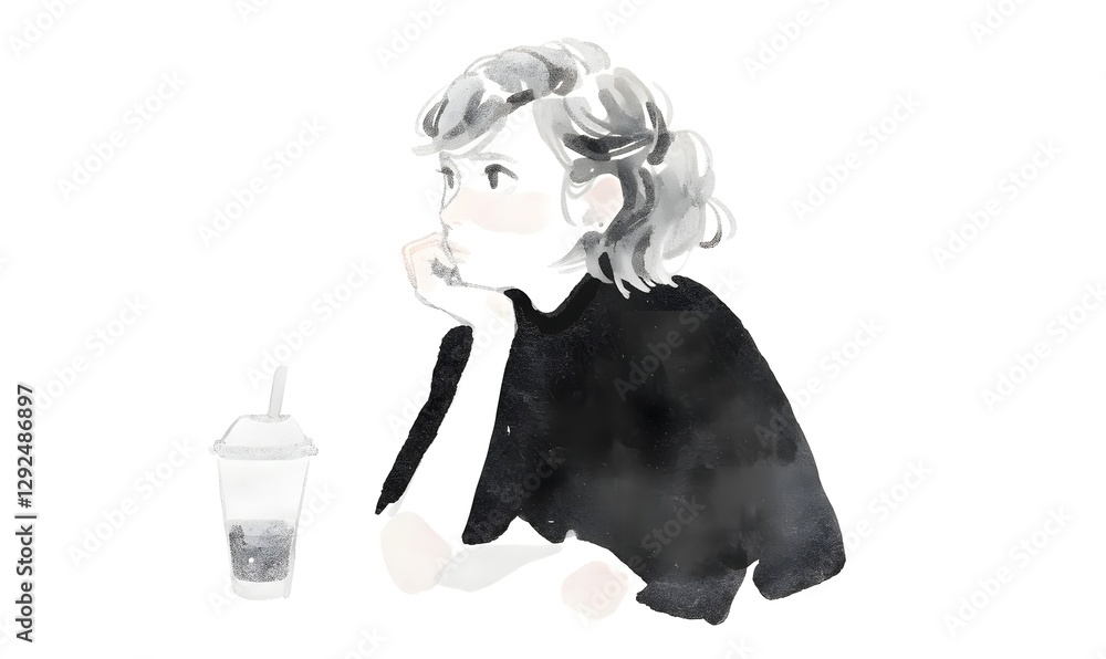 A minimalist black and white line drawing of a woman with coffee, generation AI 