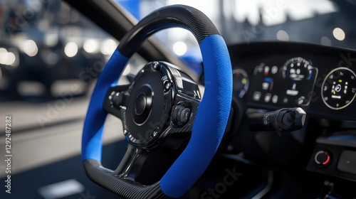 Blue-trimmed steering wheel, modern car interior, city background, automotive advertising
