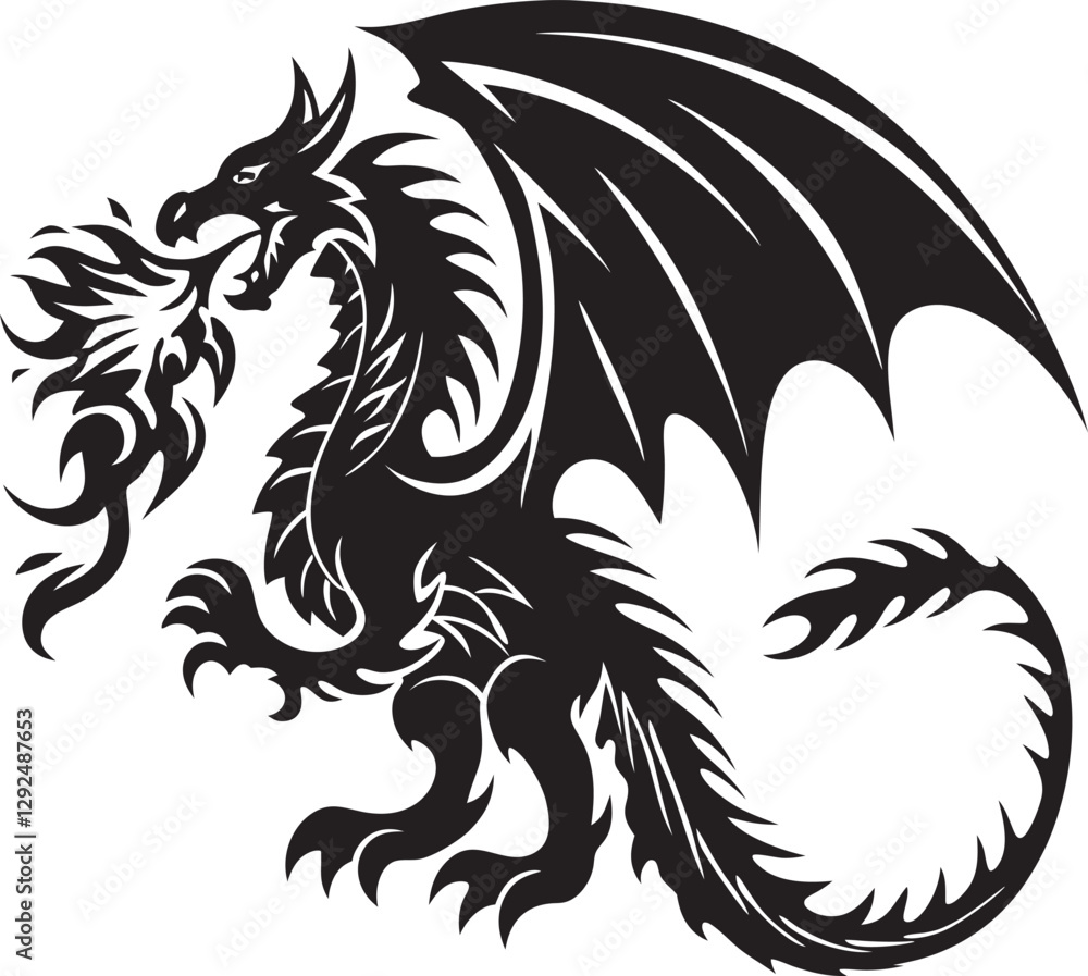 Naklejka premium Black Silhouette Dragon Breathing Fire