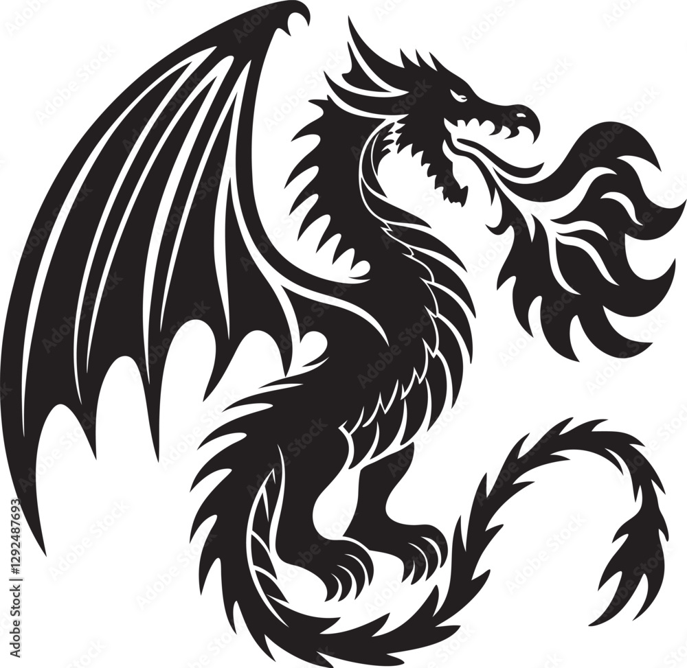 Black Silhouette Dragon Breathing Fire