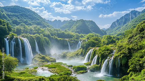 An exotic landscape with lush mountains, sparkling waterfalls, and a blue sky, offering an inspiring, refreshing travel backdrop.