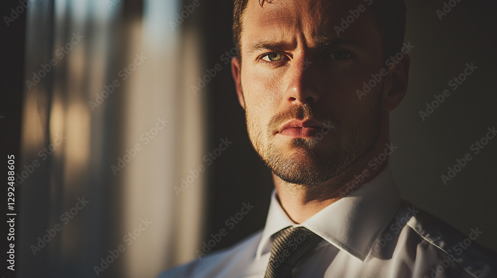 Portrait of a neatly groomed man in a dress shirt and tie, with an intense gaze, captured in soft natural light Portrait of a neatly groomed man in a dress shirt and tie, with an intense gaze, captured in soft natural light