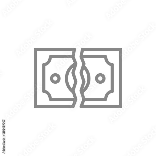 Money bill is torn in half line icon. Damaged banknote dollar symbol. Vector illustration.